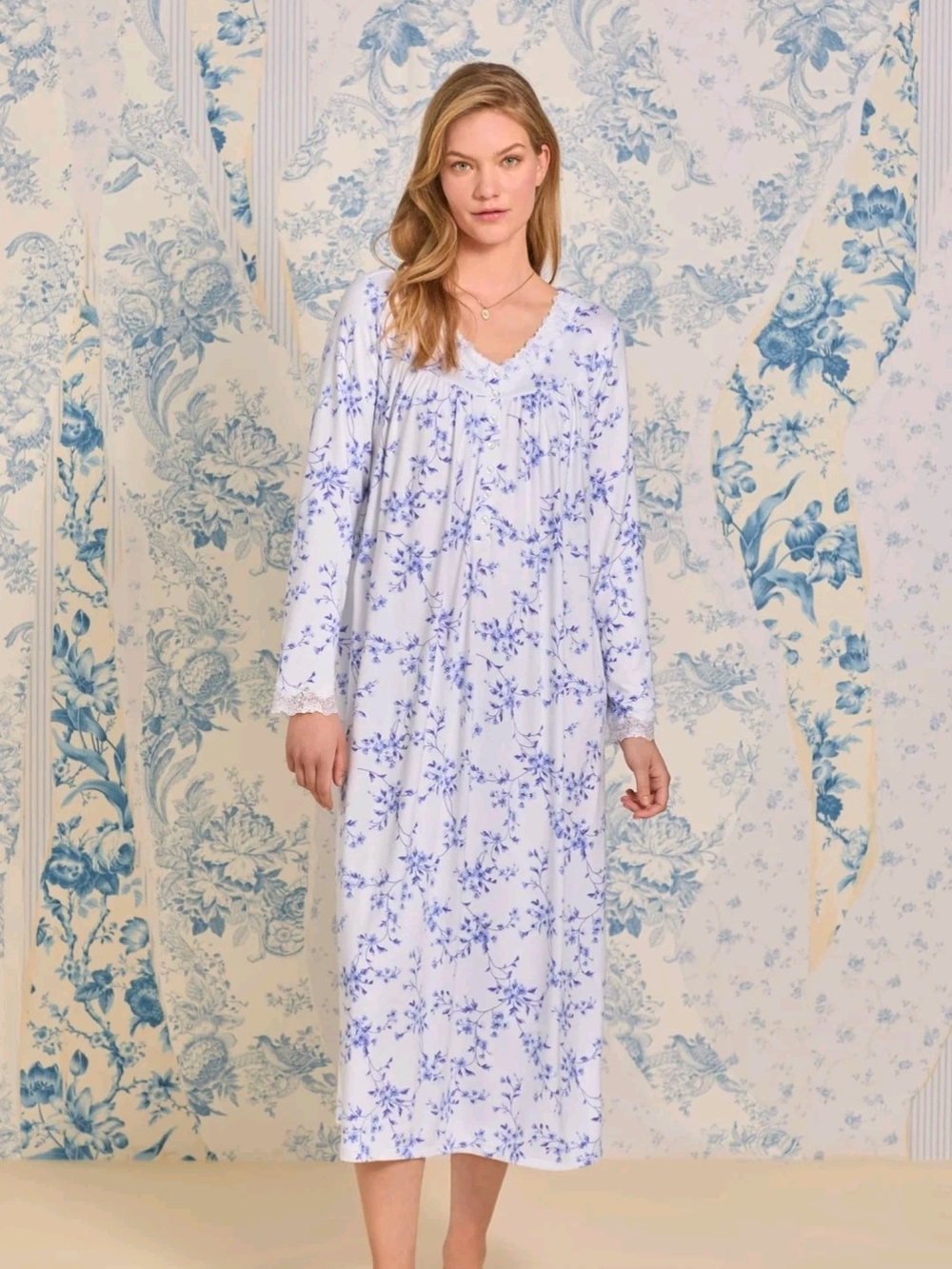 Eileen West Sweaterknit Ballet Nightgown Womens XL Long Sleeve Lace Blue Floral